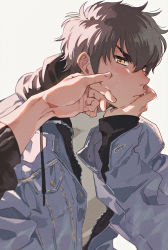 Rule 34 | 2boys, ace of diamond, blush, brown eyes, brown hair, closed mouth, elbow rest, hand on another&#039;s face, hand on own chin, head rest, highres, hood, hood down, hooded jacket, jacket, male focus, miyuki kazuya, multiple boys, open clothes, open jacket, sato (sato 1 11), sawamura eijun, shirt, short hair, solo focus, upper body, white shirt, yaoi