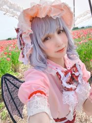 Rule 34 | bat wings, candybunny 22, collar, cosplay, cosplay photo, face, flower, frilled collar, frills, hat, highres, lips, looking at viewer, mob cap, photo (medium), remilia scarlet, remilia scarlet (cosplay), short sleeves, solo, touhou, umbrella, wings