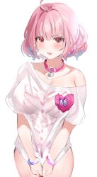 Rule 34 | ahoge, bad id, bad twitter id, bare shoulders, blouse, blush, bottomless, breasts, collar, earrings, fang, hair between eyes, heart, heart on chest, highres, idolmaster, idolmaster cinderella girls, jewelry, large breasts, legs together, looking at viewer, off shoulder, pill earrings, pink eyes, pink hair, shirt, short hair, short sleeves, simple background, skeleton print, solo, t-shirt, v-shaped eyebrows, white shirt, yumemi riamu, yuuko (030 yuko)