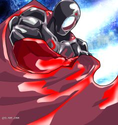 Rule 34 | 1boy, black hole (kinnikuman), cape, clenched hand, faceless, gloves, highres, kinnikuman, monster boy, muscular, no eyes, no mouth, red cape, red gloves, simple background, solo, twitter username, wrestling