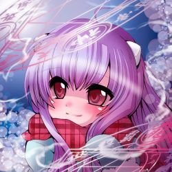 Rule 34 | 1girl, bad id, bad pixiv id, blue jacket, blue mittens, blush, closed mouth, commentary request, fur-trimmed mittens, fur trim, hair between eyes, jacket, long hair, looking away, looking to the side, magic circle, mittens, muuran, original, plaid, plaid scarf, purple hair, red eyes, red scarf, scarf, smile, solo, unmoving pattern