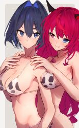 Rule 34 | 2girls, alternate costume, animal print, bikini, black hair, blue eyes, blush, breast press, breasts, cow print, embarrassed, from behind, getto, grey background, heterochromia, highres, hololive, hololive english, horns, ifphilo, irys (hololive), large breasts, long hair, multiple girls, navel, ouro kronii, red hair, short hair, shoulder grab, smile, sweatdrop, swimsuit, virtual youtuber
