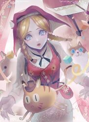 Rule 34 | 1girl, :o, anne lester, belt pouch, blonde hair, blue eyes, braid, confetti, cowboy shot, cross tie, cube, curtains, dress, headdress, highres, identity v, ihirocat, long hair, long sleeves, looking at object, parted bangs, pouch, red vest, slavic clothes, solo, sparkling eyes, streamers, stuffed animal, stuffed cat, stuffed toy, toy airplane, twin braids, twitter username, vest, white dress