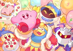 Rule 34 | animal ears, apple, arm up, armor, balloon, bandana, bandana waddle dee, beak, beanie, belt, belt buckle, belt collar, birthday, blue bandana, blue belt, blue eyes, blue hood, blue skin, blush stickers, brown eyes, buckle, cake, candy, capelet, car mouth, closed eyes, collar, colored skin, commentary, confetti, covered mouth, demon wings, disembodied limb, english commentary, food, from above, fruit, fur-trimmed robe, fur-trimmed sleeves, fur trim, gear print, gloves, hand on own hip, hat, highres, holding, holding balloon, holding plate, jinglebunns, king dedede, kirby, kirby (series), lifting person, long sleeves, magolor, meta knight, nintendo, no humans, open clothes, open mouth, open robe, orange skin, outstretched arms, pauldrons, pink skin, plate, pom pom (clothes), pom pom beanie, purple footwear, purple wings, rayman limbs, red footwear, red headwear, red robe, red sleeves, robe, sabaton, scarf, shoes, shoulder armor, smile, star (symbol), star in eye, strawberry, symbol in eye, triangle print, white capelet, white gloves, white mask, white scarf, wings, yellow background, yellow footwear, yellow gloves