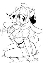 Rule 34 | 1girl, :t, ahoge, bow, breasts, cleavage, covered erect nipples, cow girl, cow horns, dress, eating, greyscale, hair bow, horns, large breasts, leaf, lineart, long hair, monochrome, original, puffy sleeves, shiny skin, sho-n-d, short dress, sitting, sleeves rolled up, solo, yokozuwari
