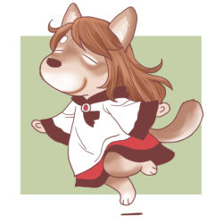 Rule 34 | 1girl, animal ears, brown hair, closed eyes, dress, furrification, furry, furry female, imaizumi kagerou, jumping, long hair, long sleeves, onikobe rin, parody, peanuts (comic), smile, snout, solo, style parody, tail, touhou, wide sleeves, wolf, wolf ears, wolf tail