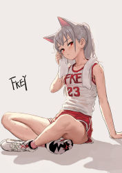 Rule 34 | 1girl, air jordan, air jordan 6, animal ears, arm support, artist name, blush, cat ears, clothes writing, feiqizi (fkey), fkey, full body, grey background, grey hair, highres, indian style, looking at viewer, nike (company), original, pink socks, red eyes, red shorts, shadow, shirt, shoes, shorts, simple background, sitting, sleeveless, sleeveless shirt, sneakers, socks, solo, sweat, towel, towel around neck, white footwear, white shirt