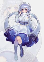 Rule 34 | 1girl, absurdres, blue eyes, blue footwear, blue skirt, blush, boots, breasts, buttons, closed mouth, full body, hat, highres, knee boots, large breasts, letty whiterock, light purple hair, long sleeves, multiple views, qiu ju, scarf, shirt, short hair, skirt, smile, touhou, white headwear, white scarf, white shirt, zoom layer