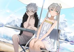Rule 34 | 1boy, 1girl, :3, akinashi yuu, alternate costume, alternate hairstyle, anastasia (fate), aqua eyes, bags under eyes, bare legs, bare pectorals, beach, black shirt, bow, brown bow, chair, cloud, cloudy sky, collarbone, dress, ear piercing, elbows on table, fate/grand order, fate (series), folding chair, grey shorts, hair over one eye, hand on own cheek, hand on own face, kadoc zemlupus, legs together, long hair, looking at viewer, navel, ocean, pale skin, pectorals, piercing, pointy ears, sand, shirt, shorts, silver hair, sitting, sky, smile, sundress, table, twintails, umbrella, very long hair, white dress, yellow eyes