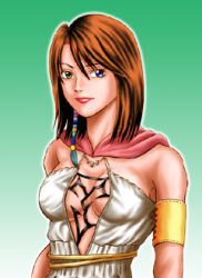 Rule 34 | 1girl, bare shoulders, breasts, cosplay, crossover, final fantasy, final fantasy x, final fantasy x-2, gradient background, green background, heterochromia, look-alike, lowres, medium breasts, medium hair, no bra, simple background, snk, solo, the king of fighters, upper body, whip (kof), yuna, yuna (cosplay), yuna (ff10), yuna (ff10) (cosplay), yuna (final fantasy), yuna (final fantasy) (cosplay)