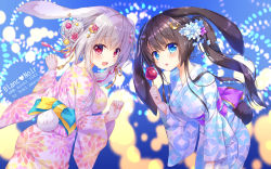 Rule 34 | 2girls, :d, :o, ameto yuki, animal ears, artist name, blanc (ameto yuki), blue eyes, blue flower, blush, breasts, brown hair, candy apple, character name, commentary request, crescent, crescent hair ornament, floppy ears, floral print, flower, food, hair between eyes, hair flower, hair ornament, hand up, hands up, holding, holding food, japanese clothes, kimono, long hair, long sleeves, looking at viewer, looking back, medium breasts, multiple girls, noir (ameto yuki), obi, open mouth, original, pink kimono, print kimono, rabbit ears, rabbit girl, rabbit tail, red eyes, sash, sidelocks, silver hair, smile, summer festival, tail, very long hair, white flower, white kimono, wide sleeves, yukata