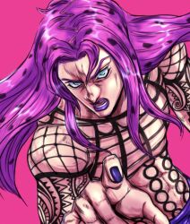 Rule 34 | 1boy, black nails, diavolo, green eyes, highres, jojo no kimyou na bouken, lipstick, long hair, makeup, male focus, official style, pink background, pink hair, pointing, polka dot hair, purple hair, purple lips, ruushii (lucy steel6969), solo, vento aureo
