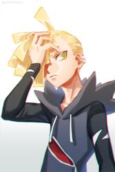 Rule 34 | 1boy, ahoge, blonde hair, closed mouth, commentary request, creatures (company), ear piercing, game freak, gladion (pokemon), green eyes, hair over one eye, hand up, hood, hood down, hoodie, long sleeves, male focus, nintendo, ohhhhhhtsu, piercing, pokemon, pokemon sm, short hair, simple background, solo, upper body, white background