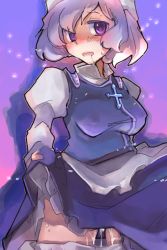 Rule 34 | 1girl, bad id, bad pixiv id, bloomers, bloomers pull, breasts, clothes lift, dress, dress lift, female focus, gradient background, hat, letty whiterock, purple eyes, purple hair, pussy juice, saliva, short hair, solo, touhou, underwear, wet
