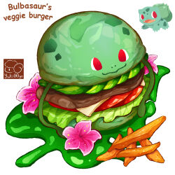 Rule 34 | artist logo, bulbasaur, burger, claws, commentary, creatures (company), english commentary, english text, fangs, flower, food, food focus, foodification, french fries, game freak, gen 1 pokemon, hibiscus, highres, leaf, lettuce, nintendo, no humans, open mouth, pokemon, pokemon (creature), red eyes, simple background, white background, yuki00yo