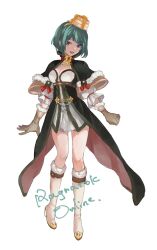 Rule 34 | 1girl, arch mage (ragnarok online), black capelet, black coat, blue eyes, blush, breasts, brown gloves, capelet, chinese commentary, cleavage, coat, commentary request, copyright name, dress, food, food on head, full body, fur-trimmed gloves, fur trim, gloves, green hair, highres, looking at viewer, medium bangs, medium breasts, object on head, open mouth, pancake, pancake stack, ragnarok online, ruche ro, short hair, simple background, smile, solo, white background, white dress, white footwear