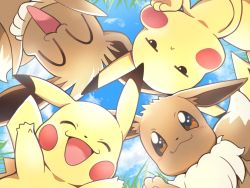 Rule 34 | :&lt;, ^ ^, black eyes, blush, brown eyes, closed eyes, closed mouth, cloud, commentary request, creatures (company), day, eevee, from below, game freak, gen 1 pokemon, gotcha!, grass, nagi (exsit00), nintendo, no humans, open mouth, outdoors, pikachu, pokemon, pokemon (creature), sky, smile
