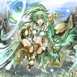 Rule 34 | 1girl, anklet, bare shoulders, bird, breasts, coat, doll, duel monster, fujiwara akina, green eyes, green hair, gusto gulldo, hair ornament, jewelry, legs, matching hair/eyes, official art, open mouth, pendant, ponytail, sandals, solo, staff, toes, winda priestess of gusto, wynnda miko of the gusta, yu-gi-oh!, yuu-gi-ou, yu-gi-oh! duel monsters