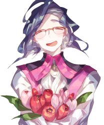 Rule 34 | 1boy, :d, ahoge, bad id, bad pixiv id, black hair, bouquet, creatures (company), closed eyes, facing viewer, flower, game freak, gen 6 pokemon, glasses, lemming no suana, malamar, male focus, nintendo, open mouth, personification, pokemon, red-framed eyewear, smile, solo, tulip, upper body