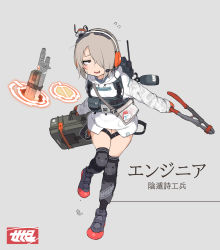 Rule 34 | 1girl, absurdres, atte nanakusa, bag, case, gloves, grey background, grey hair, hair over one eye, headset, highres, holding case, knee pads, no pants, orange gloves, original, pliers, pouch, red footwear, short hair, solo, standing, strap, thighhighs