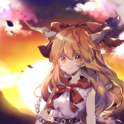 Rule 34 | 1girl, bow, bowtie, chain, closed mouth, hair between eyes, hair bow, highres, horn ornament, horn ribbon, horns, ibuki suika, koiliblikas, long hair, looking at viewer, low-tied long hair, oni, oni horns, orange eyes, orange hair, purple ribbon, red bow, red bowtie, ribbon, shirt, sleeveless, sleeveless shirt, smile, solo, sun, sunrise, touhou, upper body, very long hair, white shirt
