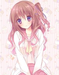Rule 34 | 1girl, brown hair, buttons, closed mouth, collarbone, copyright request, eyebrows, jacket, long hair, long sleeves, looking at viewer, open clothes, open jacket, pink shirt, pink skirt, pleated skirt, purple eyes, shirt, skirt, smile, solo, sorai shin&#039;ya, striped, striped background, tareme, unbuttoned, vertical stripes, white jacket