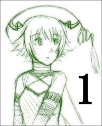 Rule 34 | .hack//, 1girl, atoli, atoli (.hack//), bandai, cyber connect 2, detached collar, green theme, hack, hat, looking to the side, lowres, monochrome, short hair, sketch, solo, upper body, yuura shiu