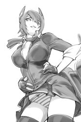 Rule 34 | 10s, 1girl, eyepatch, fingerless gloves, from below, gloves, greyscale, grin, hands on own hips, headgear, kantai collection, looking at viewer, machinery, monochrome, panties, pantyshot, personification, short hair, smile, solo, striped clothes, striped panties, tenryuu (kancolle), thighhighs, ueyama michirou, underwear
