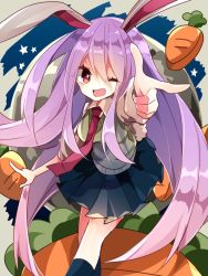 Rule 34 | 1girl, animal ears, black legwear, blazer, blouse, carrot, jacket, long hair, looking at viewer, necktie, night, night sky, nikorashi-ka, one eye closed, open mouth, outstretched arm, pleated skirt, pointing, pointing at viewer, purple hair, rabbit ears, rabbit girl, rabbit tail, red eyes, red necktie, reisen udongein inaba, shirt, skirt, sky, solo, star (symbol), symbol-shaped pupils, tail, touhou, upper body, very long hair