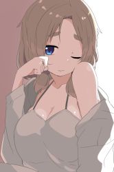 Rule 34 | 1girl, backlighting, blue eyes, breasts, brown hair, character request, cleavage, closed mouth, copyright request, female focus, head tilt, large breasts, looking at viewer, nanateru, off shoulder, one eye closed, solo, thick eyebrows