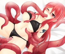 Rule 34 | 1girl, bikini, black bikini, blush, breasts, censored, erza scarlet, fairy tail, forced, long hair, navel, pussy, rape, red eyes, red hair, solo, swimsuit, tattoo, tentacles, vaginal, very long hair, wince