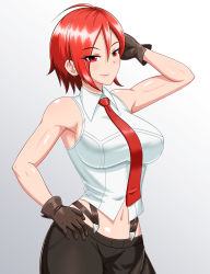Rule 34 | 1girl, breasts, highres, large breasts, navel, red eyes, red hair, simple background, sleeveless, solo, the king of fighters, vanessa (kof), white background, yensh