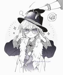 Rule 34 | 2boys, aged down, aventurine (honkai: star rail), bandaged arm, bandages, closed mouth, collared shirt, fur trim, glasses, gloves, greyscale, hair between eyes, hat, highres, honkai: star rail, honkai (series), jewelry, light smile, long sleeves, male focus, monochrome, multiple boys, okuchichiccyai, ring, shirt, short hair, simple background, solo focus, sparkle, tinted eyewear, watch, wristwatch