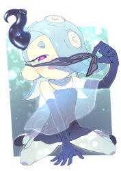 Rule 34 | 1girl, blue hair, blush, capelet, dress, elbow gloves, facing viewer, gloves, hair over one eye, highres, jewelry, licking lips, looking at viewer, mask, mask pull, mouth mask, necklace, nintendo, octoling, official alternate costume, pantyhose, pink eyes, shiver (splatoon), solo, splatoon (series), splatoon 3, tentacle hair, tongue, tongue out, toteni kinact
