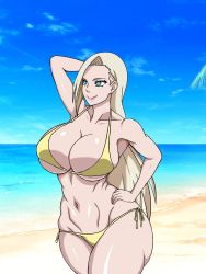 Rule 34 | 1girl, abs, arm behind head, armpits, beach, bikini, blonde hair, blue eyes, blush, breasts, cleavage, covered erect nipples, curvy, ear piercing, female focus, highres, huge breasts, large breasts, long hair, looking at viewer, naruho, naruto, naruto (series), navel, piercing, ponytail, smile, solo, standing, swimsuit, thick thighs, thighs, wide hips, yamanaka ino, yellow bikini