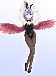 Rule 34 | 1girl, alternate costume, arms up, bird wings, bow, bowtie, feathered wings, highres, isaki (gomi), leotard, looking at viewer, pantyhose, playboy bunny, rabbit pose, red eyes, simple background, smile, tokiko (touhou), touhou, white background, wings, wrist cuffs