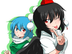 Rule 34 | 2girls, :o, ;p, bad id, bad pixiv id, black hair, black wings, blue eyes, blue hair, collared shirt, green vest, hat, heterochromia, index finger raised, looking at another, multiple girls, one-hour drawing challenge, one eye closed, pom pom (clothes), red eyes, shameimaru aya, shirt, short hair, smile, sumiya nadateru, sweat, tatara kogasa, tokin hat, tongue, tongue out, touhou, triangle mouth, upper body, vest, white shirt, wings, wristband