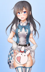 Rule 34 | 1girl, alternate costume, anti (untea9), asashio (kancolle), black hair, blouse, blue background, blue eyes, collared shirt, cosplay, gradient background, hair between eyes, highres, kantai collection, long hair, michishio (kancolle), michishio (kancolle) (cosplay), open mouth, paid reward available, puffy short sleeves, puffy sleeves, shirt, short sleeves, solo, thighhighs, twitter username, white thighhighs