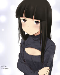 Rule 34 | 10s, 1girl, alternate costume, black hair, blunt bangs, blush, breasts, brown eyes, cleavage cutout, clothing cutout, flat chest, hatsuyuki (kancolle), ikari manatsu, kantai collection, long hair, long sleeves, looking at viewer, meme attire, open-chest sweater, ribbed sweater, small breasts, solo, sweater, turtleneck, unamused, upper body