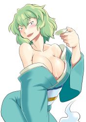 Rule 34 | 1girl, alcohol, areola slip, bare shoulders, blush, breasts, cleavage, come hither, commentary request, ghost tail, hair between eyes, japanese clothes, kagehito, kimono, large breasts, long sleeves, looking at another, sake, short hair, soga no tojiko, solo, touhou