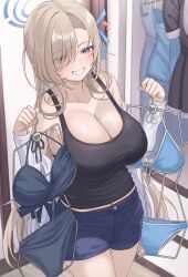 Rule 34 | 1girl, asuna (blue archive), blue archive, blue eyes, breasts, cleavage, clothes hanger, highres, holding, holding clothes hanger, large breasts, light brown hair, long hair, looking at viewer, mole, mole on breast, o-los, solo