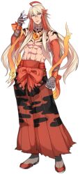 Rule 34 | 1boy, abs, ahoge, aqua eyes, bandaged hand, bandages, bead necklace, beads, blaziken, blonde hair, chest tattoo, clenched hand, creatures (company), full body, game freak, gen 3 pokemon, hair between eyes, hakama, japanese clothes, jewelry, katagiri hachigou, legs apart, long hair, male focus, mega blaziken, mega pokemon, mega stone, multicolored hair, necklace, nintendo, open mouth, personification, pokemon, red hair, simple background, solo, standing, tattoo, topless male, two-tone hair, white background