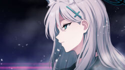 Rule 34 | 1girl, ahoge, animal ear fluff, animal ears, black background, black choker, blue archive, blue eyes, blurry, choker, commentary, cross hair ornament, depth of field, extra ears, facing away, from side, grey hair, hair between eyes, hair ornament, halo, highres, junu (jwoo5627), long hair, long sleeves, looking ahead, profile, revision, shiroko (blue archive), shiroko terror (blue archive), sidelocks, simple background, solo, wolf, wolf ears, wolf girl