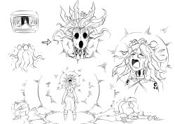 Rule 34 | 1girl, animal ears, arrow (symbol), belt, commentary, covering head, crying, detached sleeves, drooling, english commentary, closed eyes, flower pot, greyscale, halterneck, highres, mandragora, monochrome, monster girl, multiple views, original, plant girl, pouch, ryuusei (mark ii), screaming, simple background, sweat, tail, tears, television, trembling, watching television, white background, wolf ears, wolf tail, yamamura sadako
