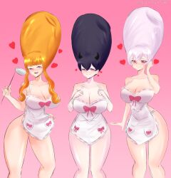 Rule 34 | 3girls, absurdres, alternate hairstyle, apron, beehive hairdo, black clover, black hair, blush, bow, breast expansion, breasts, cleavage, female focus, hands on breasts, hands on own chest, happy trance, heart, highres, housewife, hypnosis, ladle, large breasts, mimosa vermillion, mind control, multiple girls, naked apron, nero (black clover), noelle silva, open mouth, orange hair, pink eyes, saliva, secre swallowtail, smile, symbol in eyes, white hair
