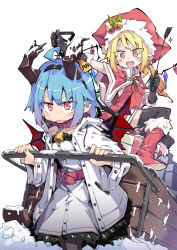 Rule 34 | antlers, bell, belt, black gloves, black legwear, blonde hair, blue hair, boots, box, capelet, coat, collar, collarbone, commentary request, drawstring, dress, fake antlers, fang, flandre scarlet, fur-trimmed boots, fur-trimmed headwear, fur trim, gift, gift box, gloves, hat, hat bell, holly, horns, jingle bell, neck bell, noya makoto, open mouth, red dress, red eyes, red footwear, reindeer antlers, remilia scarlet, riding crop, skin fang, sled, sleeveless, sleeveless dress, slit pupils, snow, thighhighs, touhou, v-shaped eyebrows, white background, wings, winter clothes, winter coat