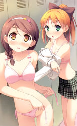 Rule 34 | 2girls, :o, absurdres, bare shoulders, blush, bow, bow bra, bow panties, bra, braid, breasts, brown eyes, brown hair, changing clothes, cleavage, embarrassed, green eyes, hair bow, hairband, highres, hirosaki kanade, kantoku, lingerie, locker, locker room, minagawa yuuhi, multiple girls, open mouth, orange hair, panties, petite, pink bra, pink panties, plaid, plaid skirt, pleated skirt, ponytail, school uniform, side-tie panties, side braid, skirt, small breasts, striped bra, striped clothes, underwear, underwear only, undressing, untied panties, wavy mouth, wide ponytail, your diary