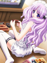 Rule 34 | 1girl, bloomers, blue eyes, carnelian, controller, famicom, famicom cart, game console, game controller, gamepad, long hair, magazine (object), nes, night demon, playing games, purple hair, rushiru, solo, thighhighs, underwear, video game, white bloomers, zettai ryouiki