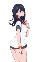 Rule 34 | 1girl, absurdres, ass, black hair, black skirt, blue eyes, bow, bowtie, breasts, cellphone, defaultkavy, gridman universe, gridman universe (film), highres, holding, holding phone, long hair, looking at viewer, phone, pleated skirt, red bow, school uniform, scrunchie, shirt, simple background, skirt, small breasts, smartphone, solo, takarada rikka, thighs, wrist scrunchie
