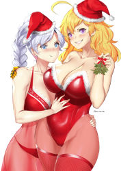 Rule 34 | 2girls, absurdres, ahoge, artist name, blonde hair, blue eyes, blush, braid, braided ponytail, breast envy, breasts, christmas, cleavage, collarbone, fishnet legwear, fishnets, grin, hand on own hip, hat, highres, holding, holding mistletoe, holiday, large breasts, leather, lingerie, looking at breasts, lulu-chan92, medium breasts, mistletoe, multiple girls, panties, pantyhose, prosthesis, prosthetic arm, purple eyes, rwby, santa hat, scar, scar across eye, scar on face, see-through, shiny clothes, smile, smirk, thighhighs, twitter username, underwear, weiss schnee, white background, white hair, yang xiao long